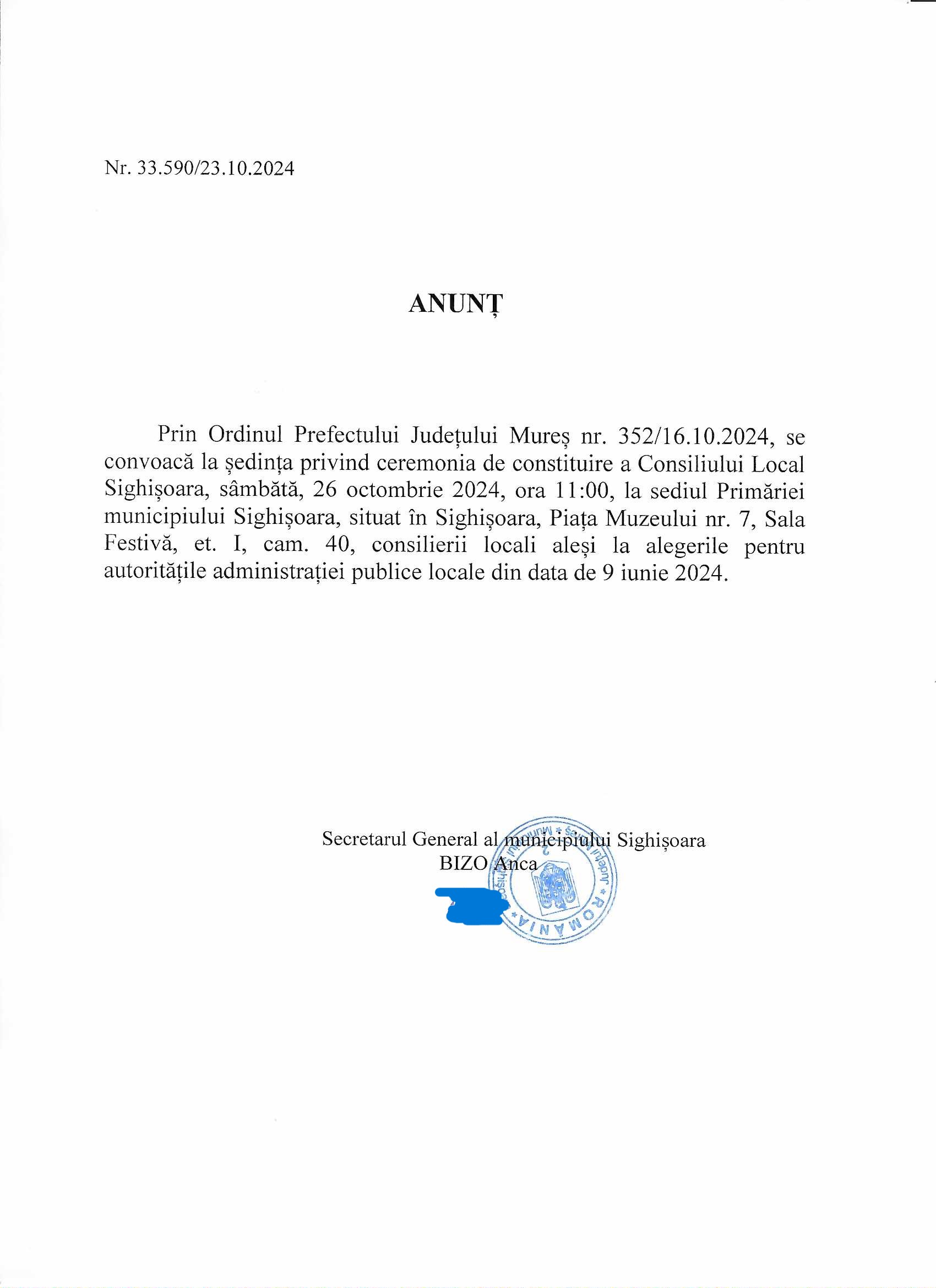 Anunț privind ceremonia de constituire a Consiliului Local Sighișoara, sâmbătă, 26 octombrie 2024, ora 11.00