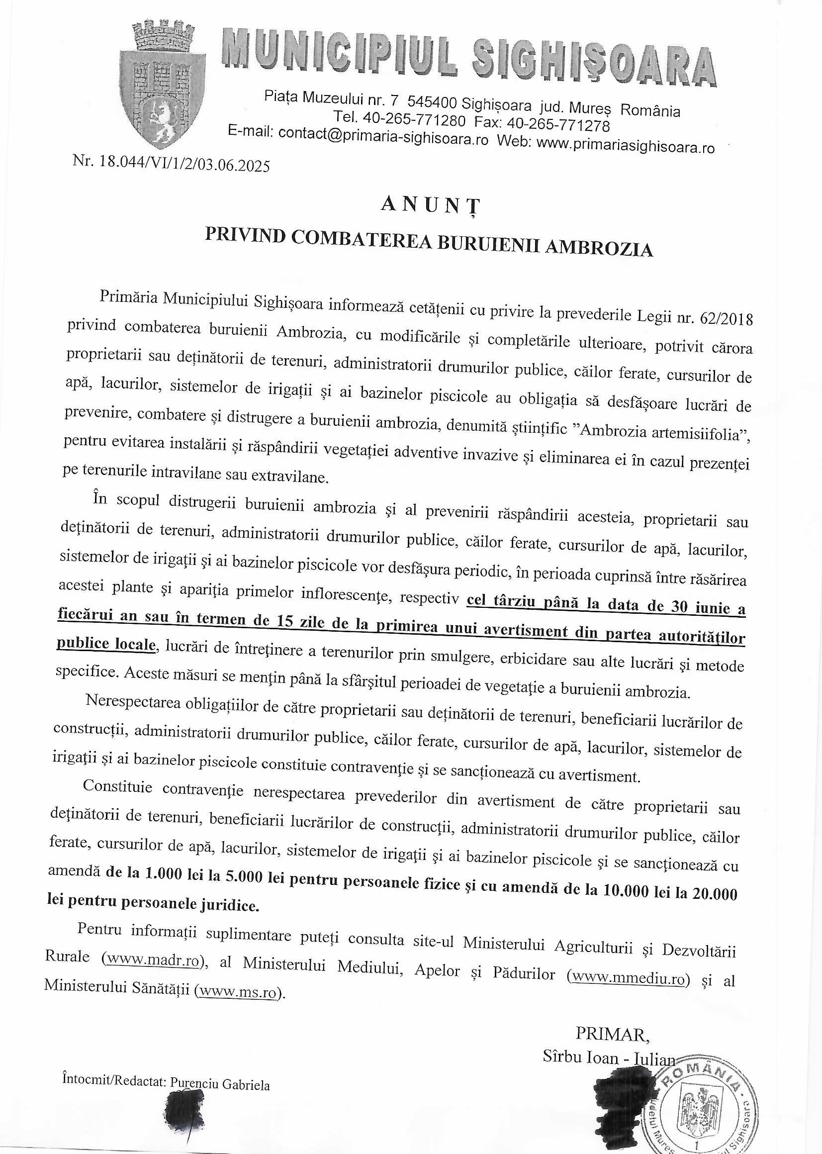 Anunț privind combaterea buruienii Ambrozia